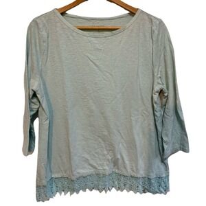 Talbots Top Shirt Womens Med Aqua Lace Trim 3/4 Sleeve Casual fairy